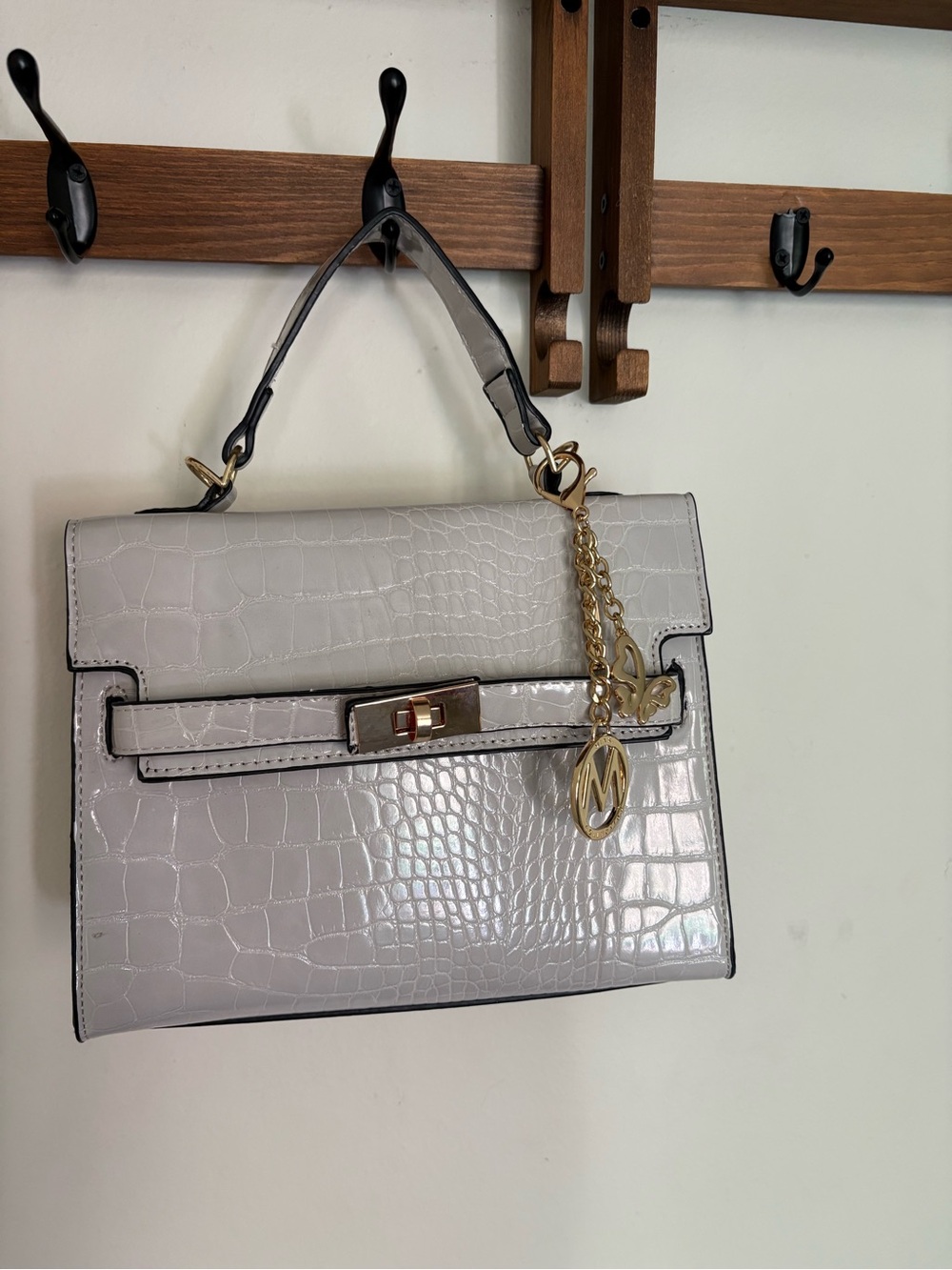 Gray Croc-Embossed Top Handle Bag with Gold Charm
